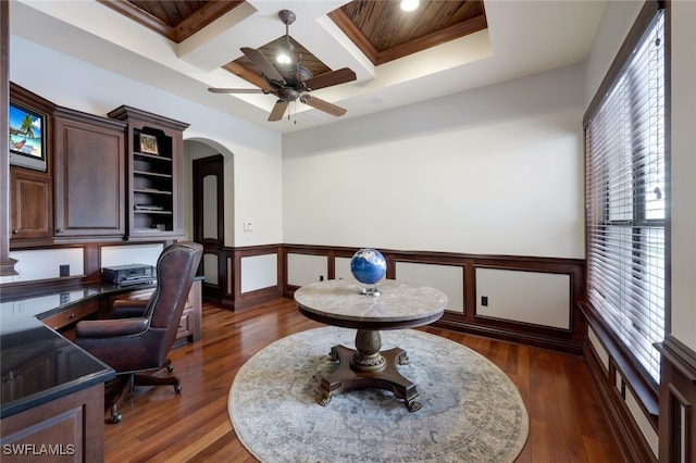 office with beamed ceiling, dark wood-type flooring, crown molding, and coffered ceiling