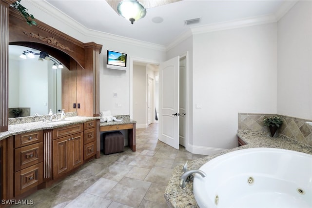 bathroom with vanity, ceiling fan, tiled bath, and crown molding