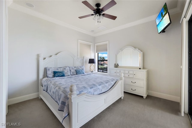 bedroom with ceiling fan, light colored carpet, and crown molding