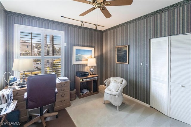 carpeted office with rail lighting and ceiling fan