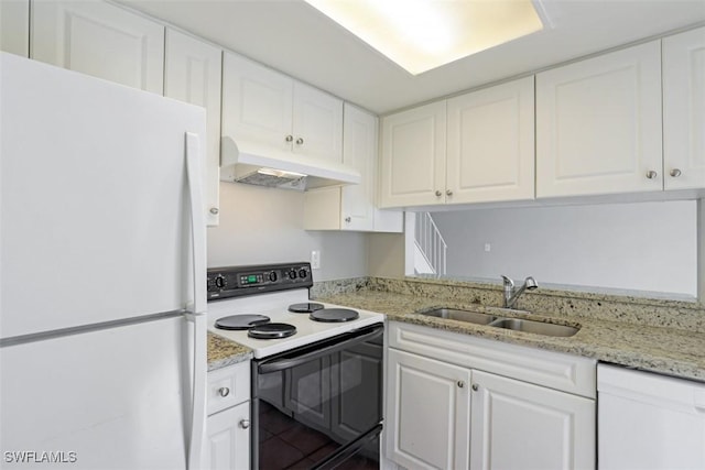 kitchen with white cabinetry, sink, white appliances, and light stone counters