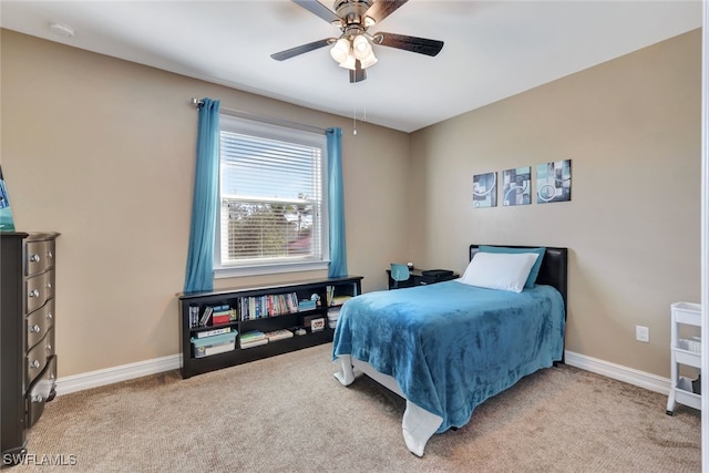 bedroom featuring ceiling fan and carpet flooring