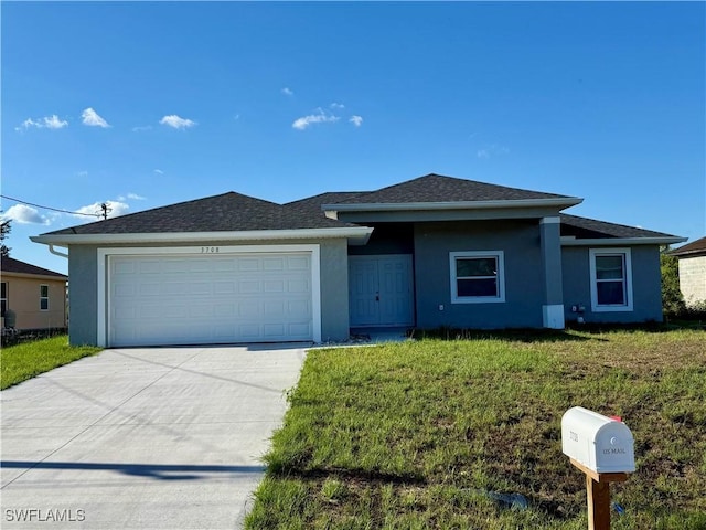 3708 15th St SW, Lehigh Acres, FL 33976 - view of front of property with stucco siding, driveway, an attached garage, and a front yard