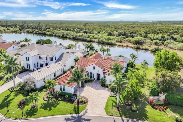 aerial view with a water view