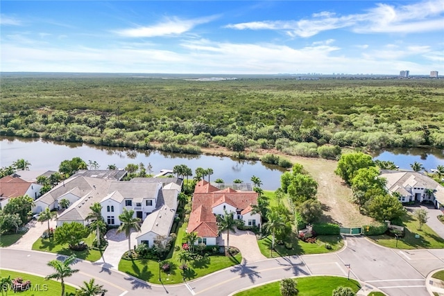 bird's eye view with a water view