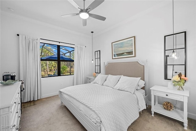 bedroom with ceiling fan and light carpet