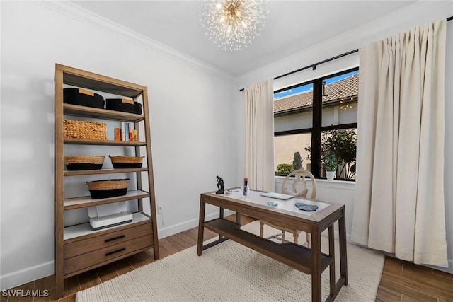 office with dark hardwood / wood-style flooring, crown molding, and a notable chandelier