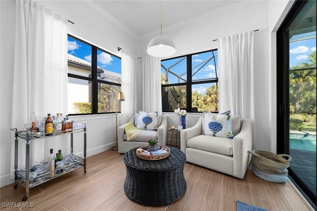 living area featuring ornamental molding