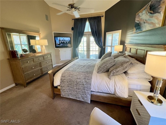 carpeted bedroom featuring a high ceiling, ceiling fan, and french doors