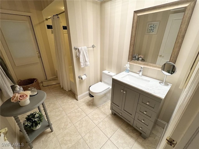 full bathroom with shower / tub combo with curtain, vanity, toilet, and tile patterned flooring