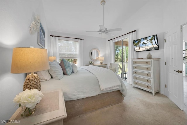 bedroom featuring ceiling fan, access to outside, and carpet floors