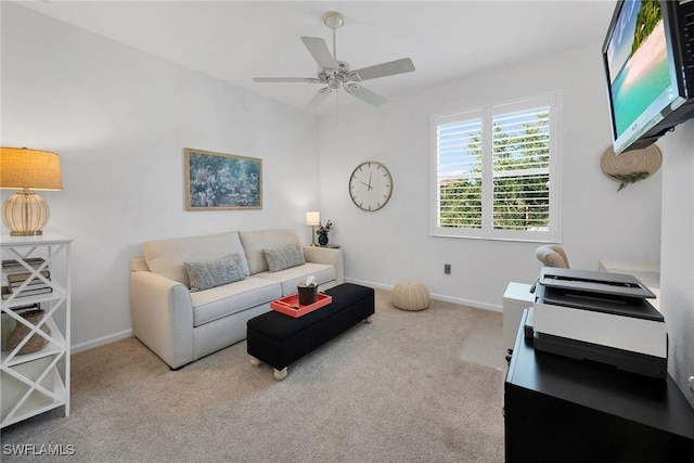 living room featuring ceiling fan and light carpet