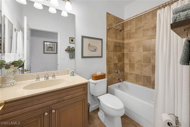 full bathroom featuring shower / bathtub combination with curtain, tile patterned flooring, vanity, and toilet