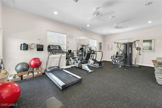 workout area featuring ceiling fan