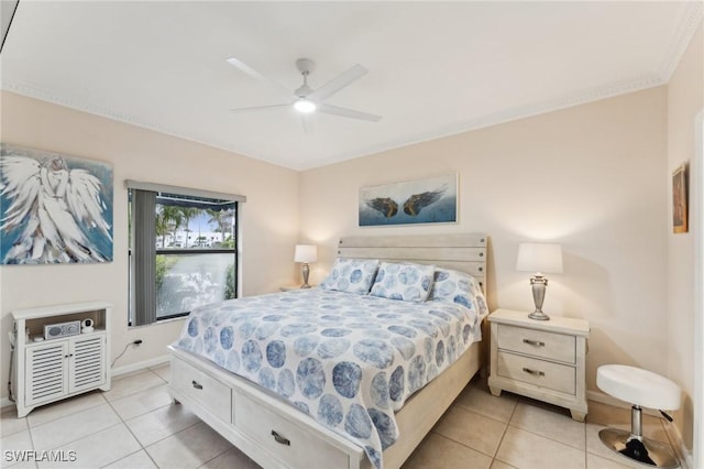 tiled bedroom with ceiling fan