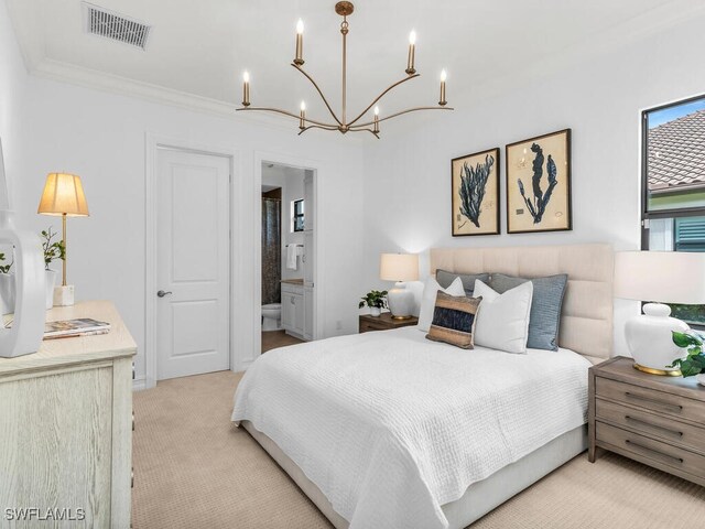 6564 Costa Cir, Naples, FL 34113 - bedroom featuring a chandelier, light carpet, crown molding, and ensuite bath