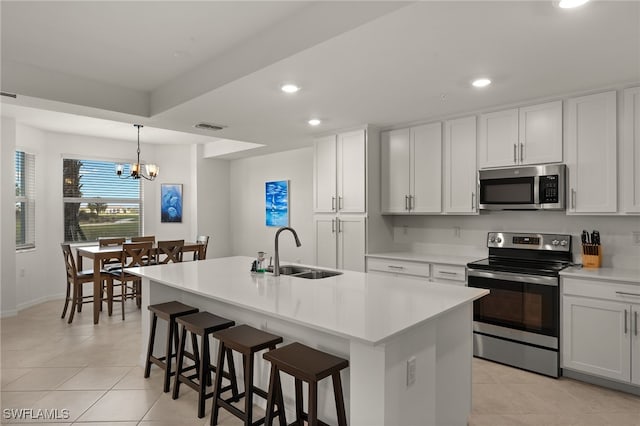 kitchen with sink, stainless steel appliances, an island with sink, and white cabinets