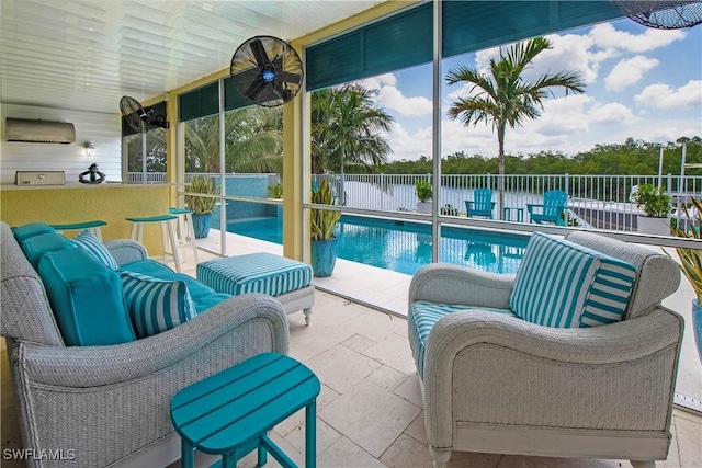 view of pool featuring ceiling fan, an outdoor hangout area, a water view, and a patio