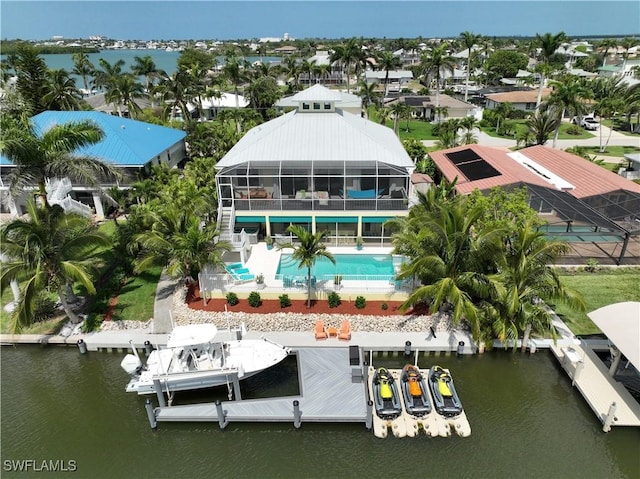 aerial view featuring a water view