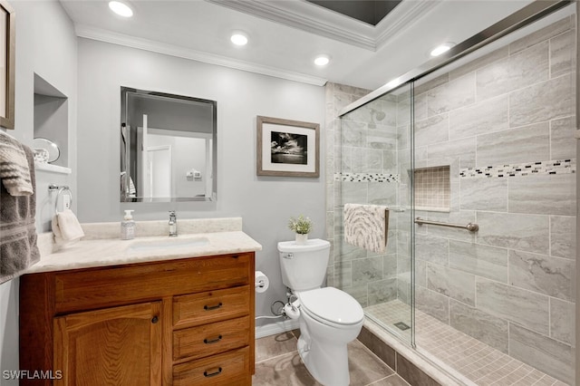 bathroom with tile patterned flooring, toilet, vanity, ornamental molding, and an enclosed shower