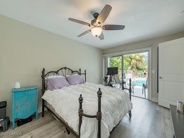 bedroom featuring access to outside, ceiling fan, and light hardwood / wood-style floors