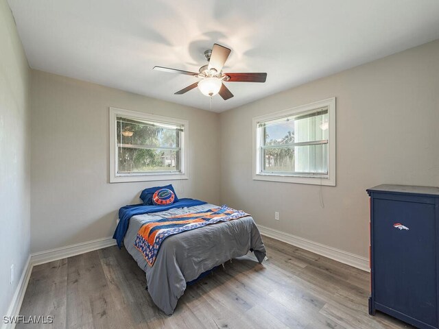 bedroom featuring ceiling fan, wood-type flooring, and multiple windows