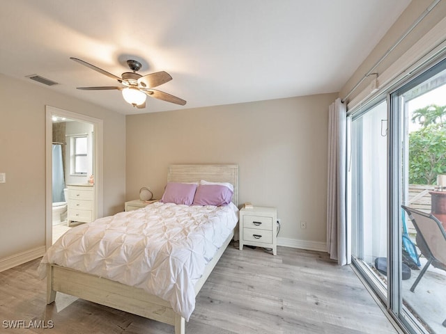 bedroom with ceiling fan, connected bathroom, access to exterior, and light hardwood / wood-style floors