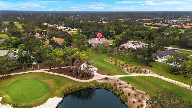 bird's eye view featuring view of golf course and a water view