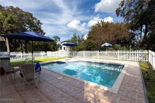 view of swimming pool featuring a patio area