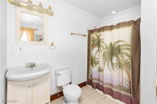 bathroom featuring toilet, walk in shower, crown molding, vanity, and tile patterned floors