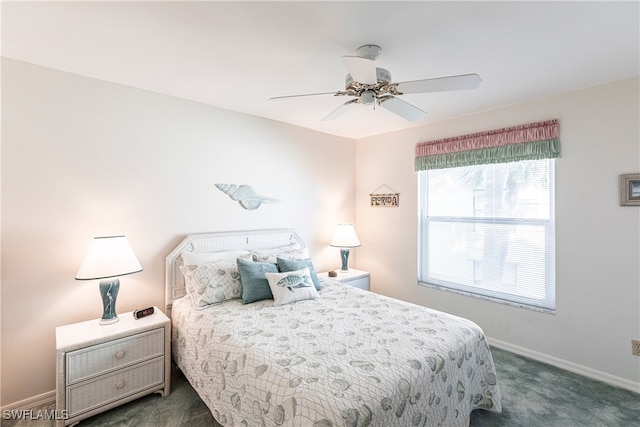 bedroom featuring ceiling fan and dark carpet