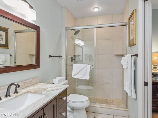 bathroom with tile patterned floors, walk in shower, vanity, and toilet