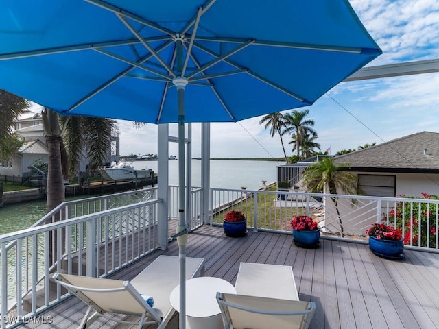 wooden deck with a water view