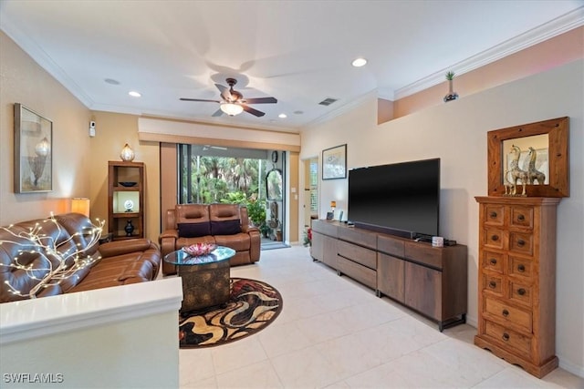 tiled living room featuring ceiling fan and crown molding