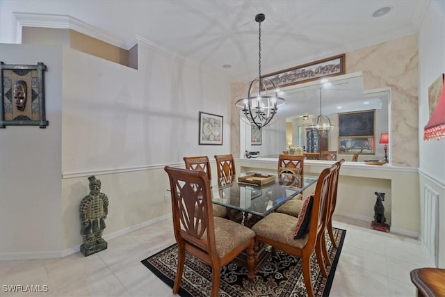 dining room featuring ornamental molding, light tile patterned floors, and a notable chandelier