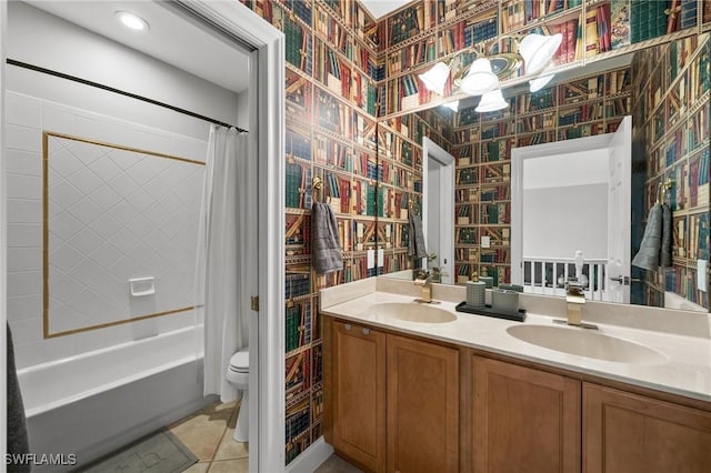 full bathroom with vanity, toilet, tile patterned floors, and shower / bathtub combination with curtain