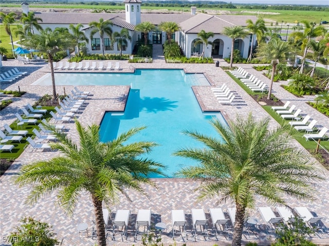 view of swimming pool with a patio