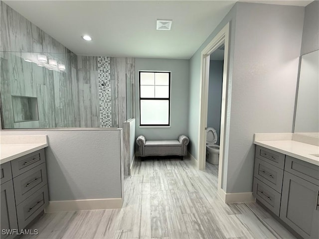 bathroom with toilet, vanity, and tiled shower