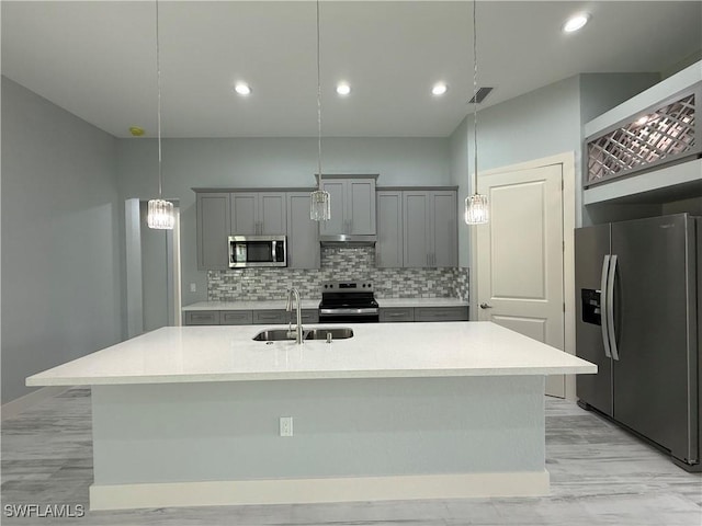 kitchen with appliances with stainless steel finishes, decorative backsplash, sink, gray cabinets, and a kitchen island with sink