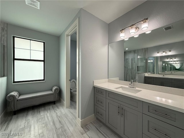 bathroom with toilet, hardwood / wood-style floors, and vanity