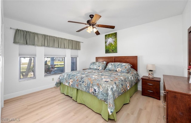 bedroom featuring light wood-type flooring and ceiling fan