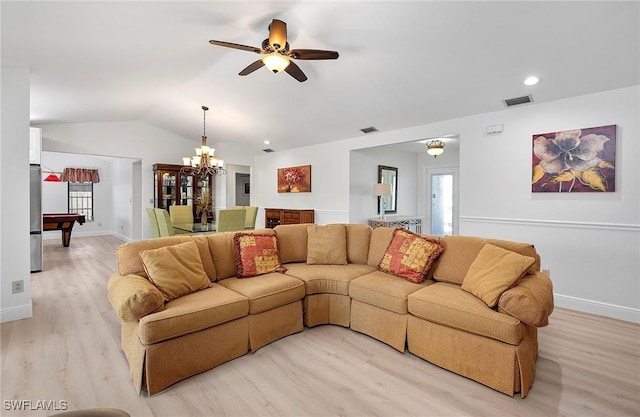 living room with light wood-type flooring, billiards, vaulted ceiling, and ceiling fan with notable chandelier