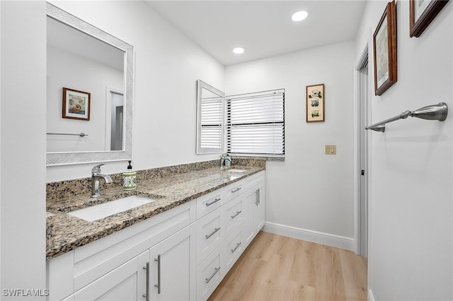 bathroom with wood-type flooring and vanity