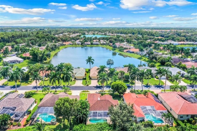 aerial view featuring a water view