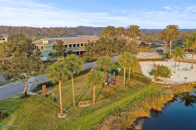 aerial view featuring a water view