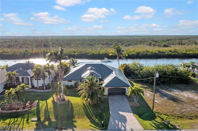 aerial view featuring a water view