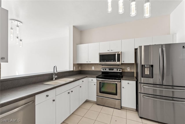 kitchen featuring sink, white cabinets, light tile patterned flooring, backsplash, and appliances with stainless steel finishes