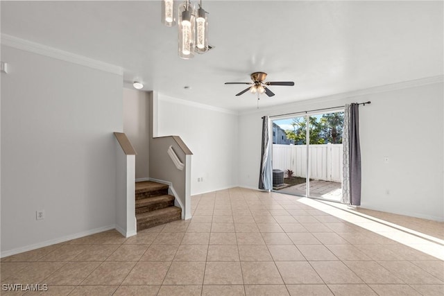 interior space featuring ceiling fan, light tile patterned floors, and ornamental molding