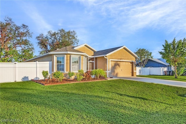 ranch-style home featuring a garage and a front lawn