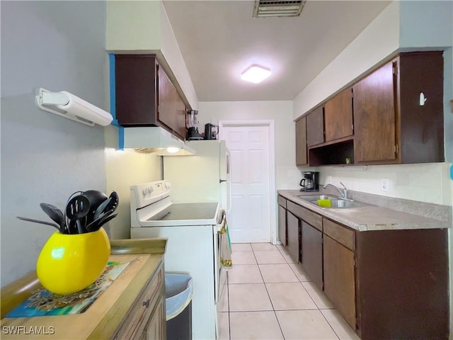 kitchen featuring white range with electric cooktop, decorative backsplash, light tile patterned flooring, and sink